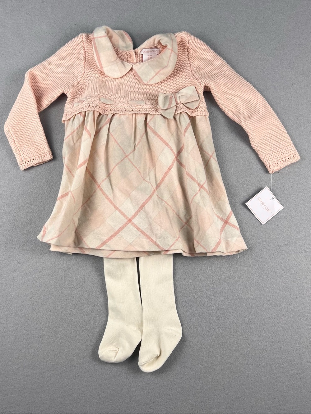 Shabby Chic Pink and Cream Plaid Knit Dress with Tights